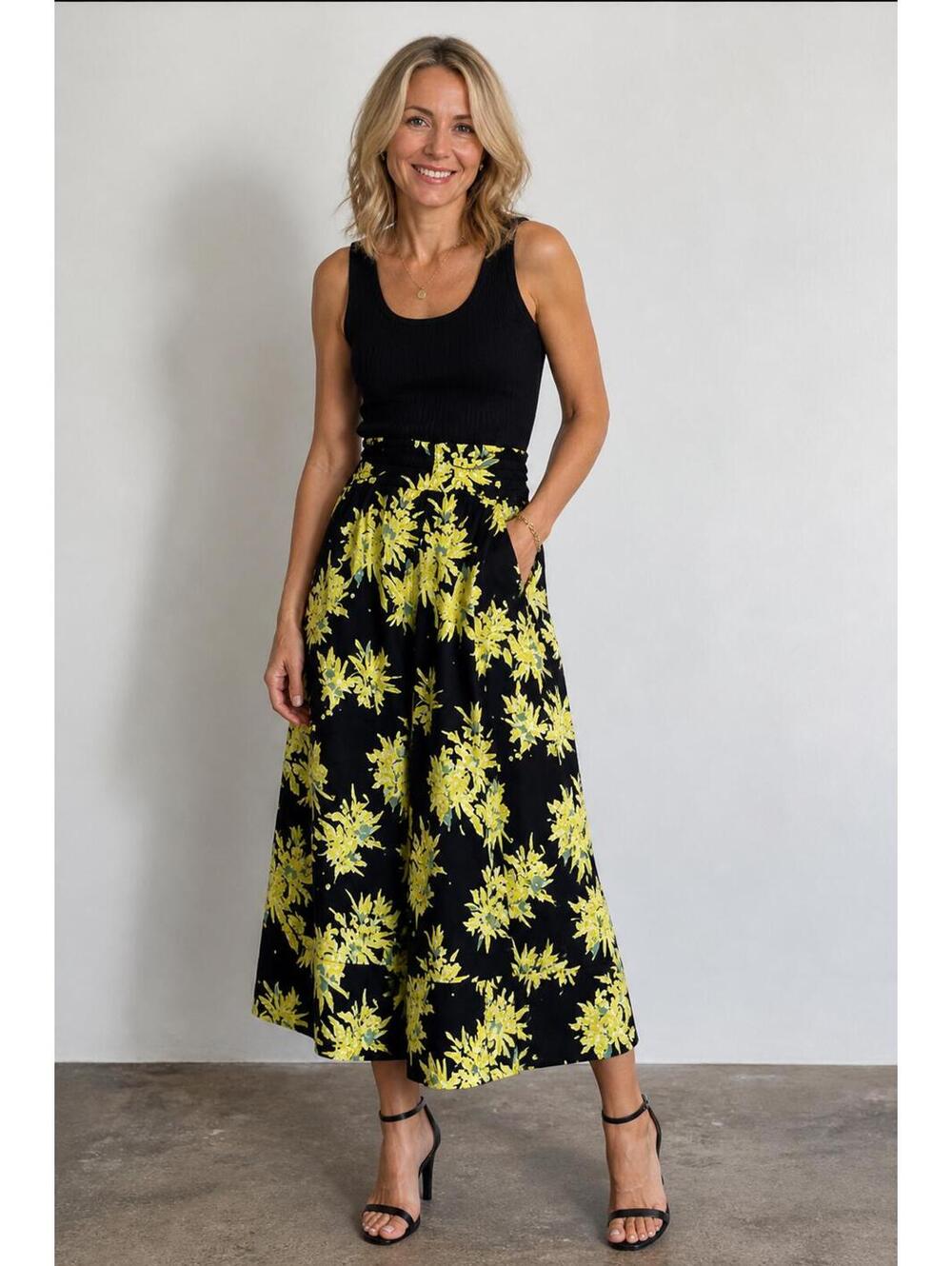 Proenza Schouler Floral Midi Skirt Black/Yellow Whimsigoth Fairy Viscose 0